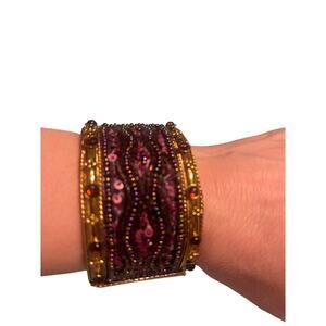 Purple sequined beaded hinged cuff bracelet